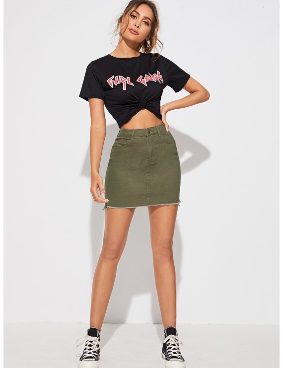 Army Green Raw Hem Bodycon Denim Skirt