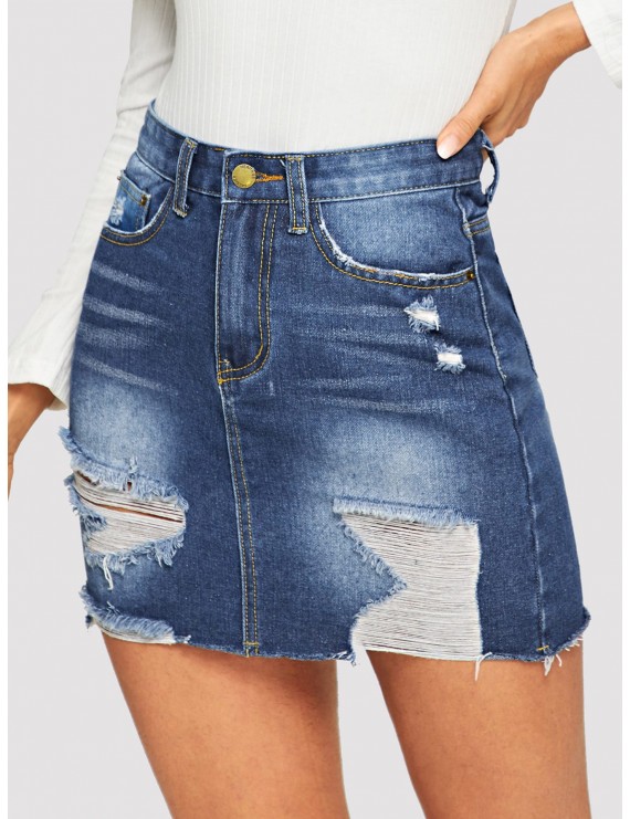 5-pocket Ripped Detail Bodycon Denim Skirt