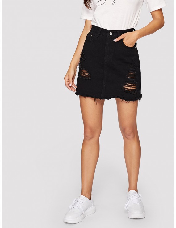 Black Wash Distressed Denim Skirt