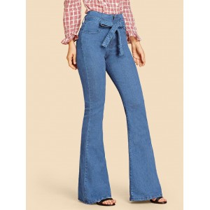 Waist Belted Solid Flare Jeans
