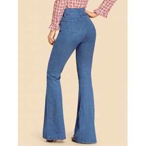 Waist Belted Solid Flare Jeans