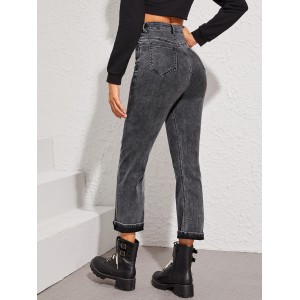 Grey Wash Button Front Straight Jeans