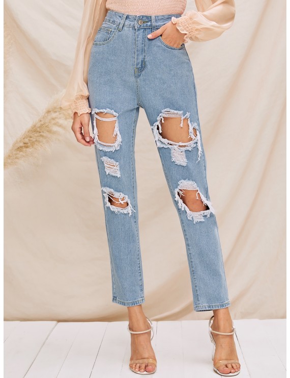 Destroyed Ripped Detail Mom Jeans