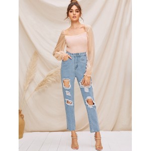 Destroyed Ripped Detail Mom Jeans