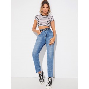 Raw Hem Mom Jeans Without Belted