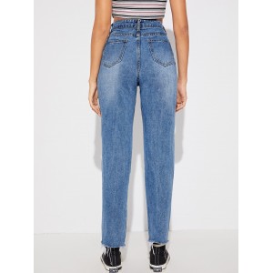 Raw Hem Mom Jeans Without Belted