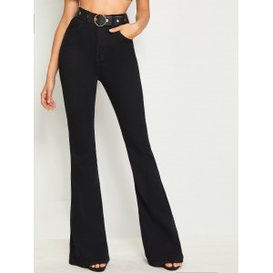 Self Buckle Belted Flare Leg Jeans