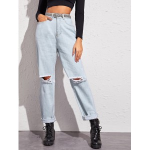 Light Wash Ripped Detail Mom Jeans Without Belt