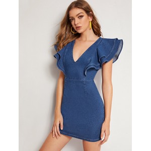 Layered Sleeve Fitted Denim Dress