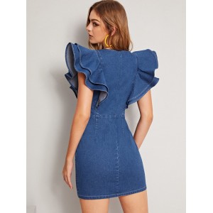 Layered Sleeve Fitted Denim Dress