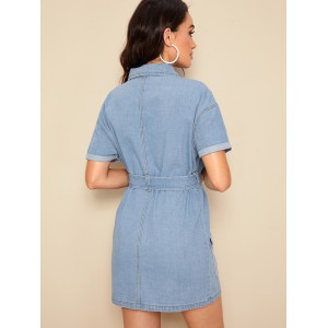 Flap Pocket Front Contrast Stitch Shirt Denim Dress