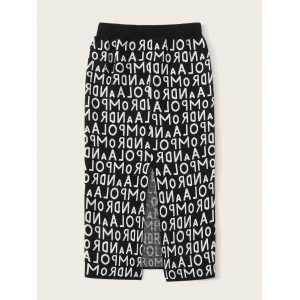 All Over Letter Slit Hem Pencil Sweater Skirt