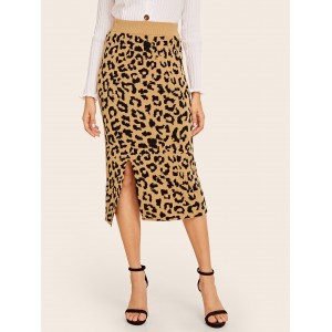 Leopard Print Slit Hem Sweater Skirt