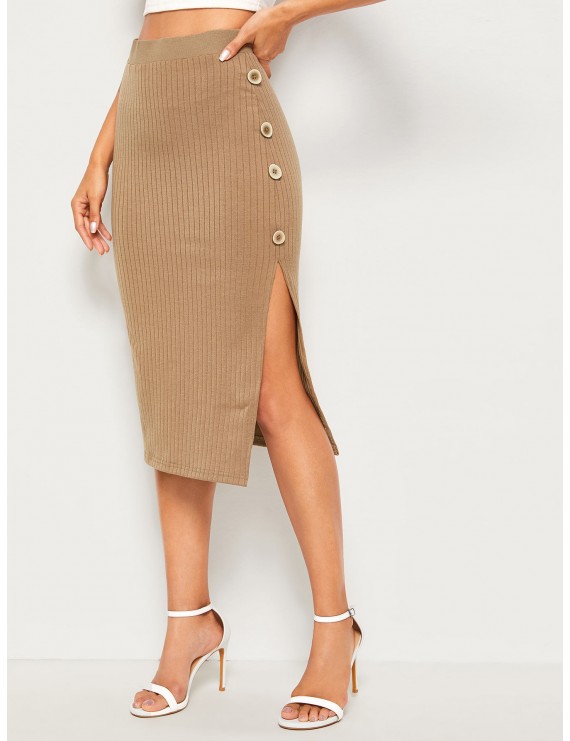 Side Button Slit Hem Ribbed Sweater Skirt