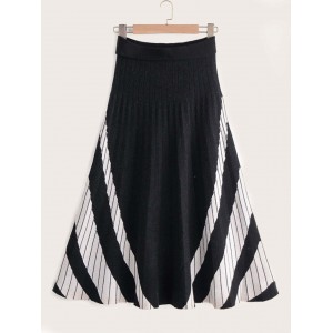 Color-block Stripe Pattern Plicated Sweater Skirt