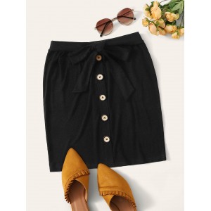 Button Front Ribbed Belted Sweater Skirt