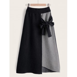 Contrast Striped Panel Tie Front Sweater Skirt