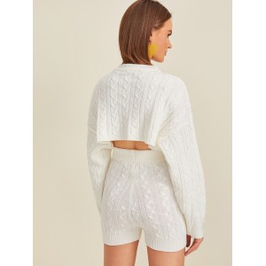 Drop Shoulder Textured Crop Sweater Top & Shorts Set