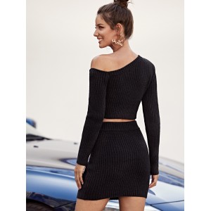 Asymmetrical Neck Rib-knit Sweater and Bodycon Skirt Set
