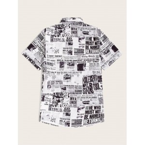 Men Newspaper Print Revere Collar Shirt