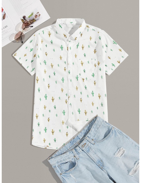 Men Button Front Botanical Print Shirt