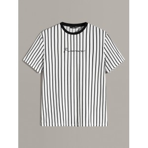 Men Vertical Striped & Letter Graphic Tee