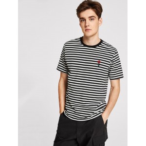 Men Rose Embroidered Striped Tee