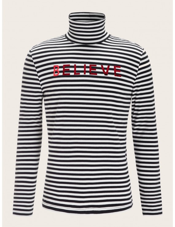 Men High Neck Letter Graphic Striped Tee