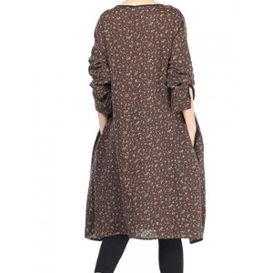 Pockets Pleated Floral Print Long Sleeve Vintage Dress For Women