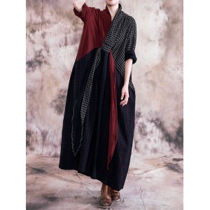 Plaid Print Patchwork Long Sleeve Vintage Dress For Women