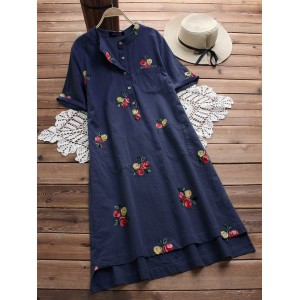 Irregular Floral Embroidered Pockets Short Sleeve Vintage Dresses