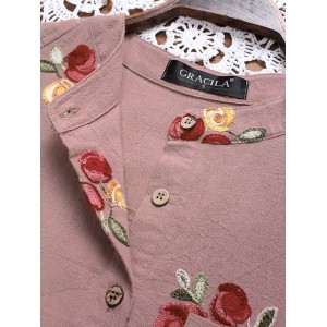 Irregular Floral Embroidered Pockets Short Sleeve Vintage Dresses