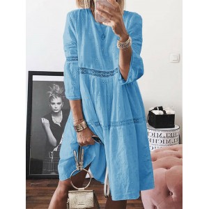 Embroidered Hollow 3/4 Sleeve Dress For Women