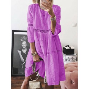 Embroidered Hollow 3/4 Sleeve Dress For Women
