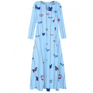 Butterfly Print Long Sleeve Maxi Dress