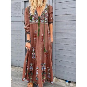 Bohemian Embroidered Long Sleeve Maxi Dress For Women