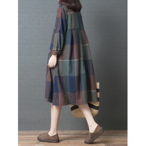 Loose Long Sleeve Multi-color Plaid Print Vintage Dresses