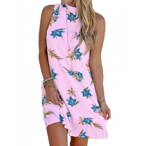Floral Print Sleeveless Crew Neck Summer Mini Dress